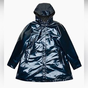 RAINS A-Line Long Jacket W3 Hooded | `Spill’ Shiny Dark Blue | Women L | NWT NEW